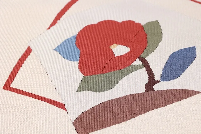 Nagoya obi used (sash) - Beige, brown, green, blue, red, camellia pattern, L53