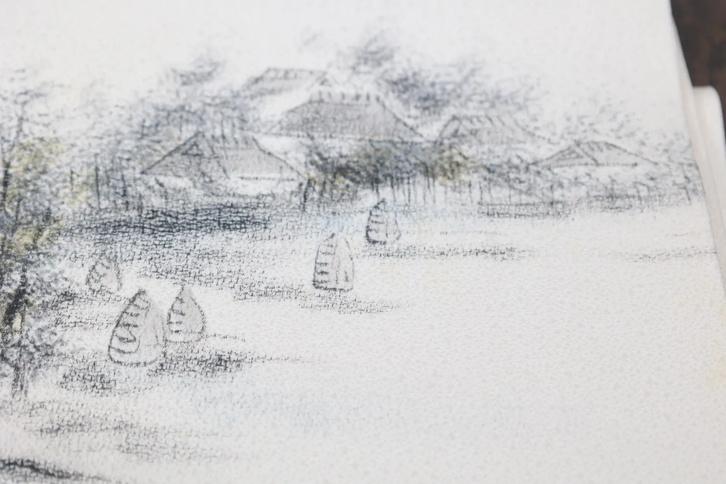 Nagoya Obi(used sash) – White, Sumi-ink, and Brown – Pastoral Landscape – Artist-signed (R113)