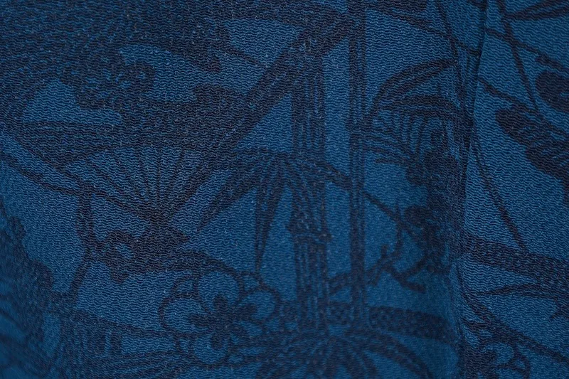 Komon(kimono), brand new and unused. Indigo shades. Features hand-dyed pine, bamboo, plum blossoms, fans, and wave patterns. B1478