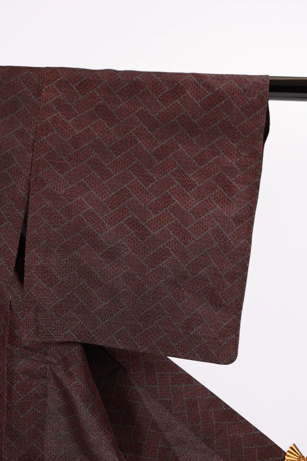 Tsumugi silk(Japan v kimono), brown and gray, geometric pattern, A072