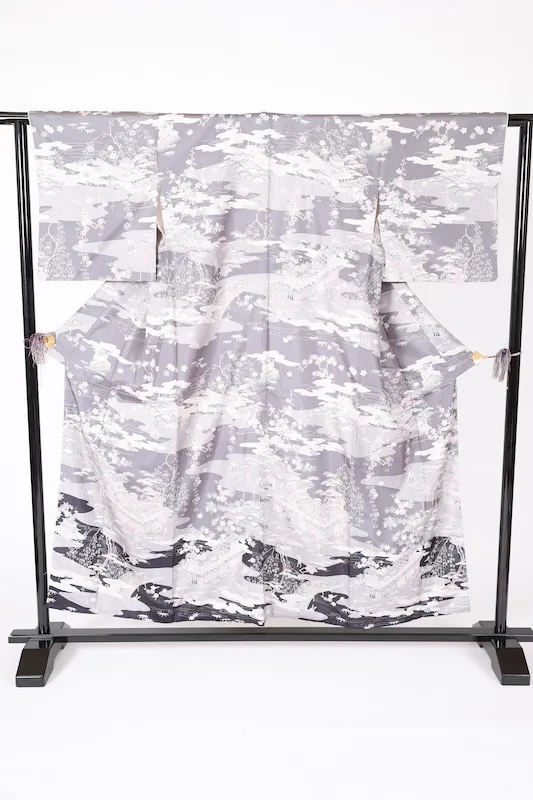 Oshima Tsumugi formal kimono used (houmongi) - shades of gray, black, purple, white, brown, green - Edo period landscape and floral pattern - L111