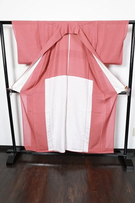 Summer used kimono, ro (gauze weave), coral color, flowing water pattern throughout, R28