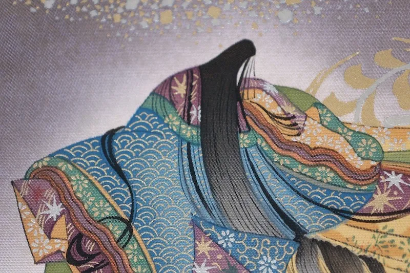 Fukuro obi used(formal sash) - Gray, Gold, Indigo, Green, Purple, Ochre, Silver - Tarumoto Isezo - Kasen (poet), Flute, Seigaiha (wave pattern), Flower - Kyo-Yuzen (Kyoto-style dyeing) - L9
