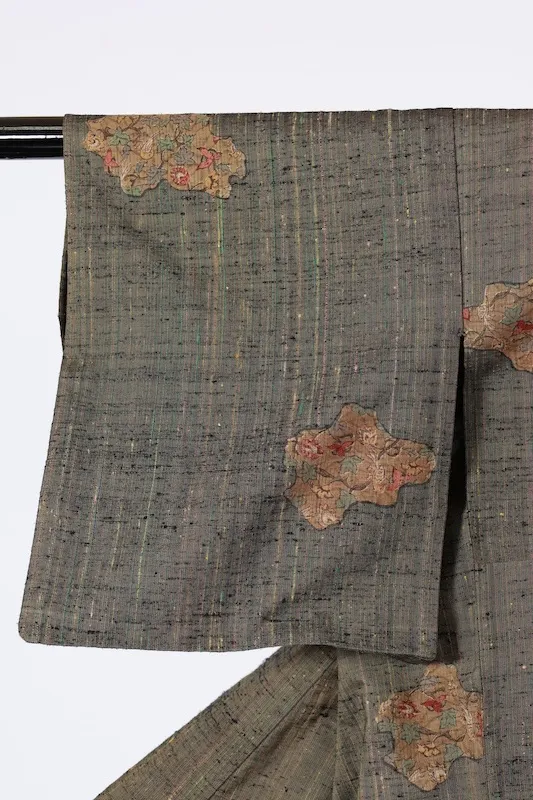 Japan Pre-loved silk kimono green, brown, rusty vermilion, and yellow; hand-woven and hand-painted; A094.