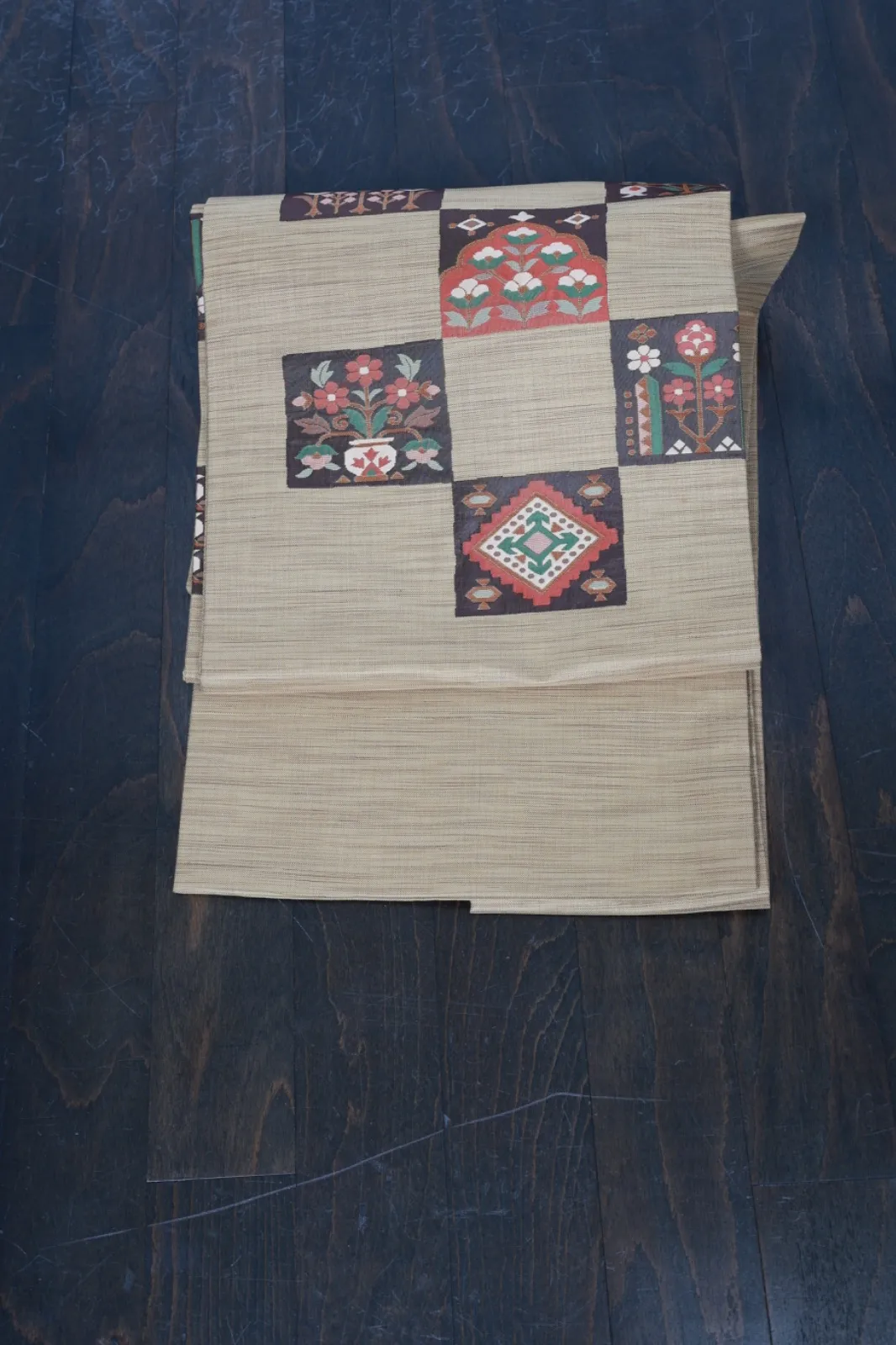 Nagoya Obi(used sash) – Mustard, Brick Red, Green, Brown R109