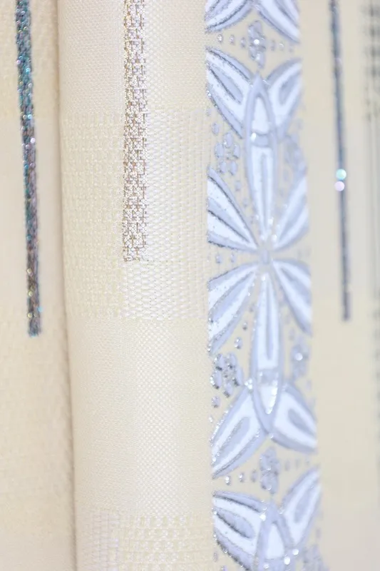 Fukuro Obi　used (sash), Kayou Textile, shades of gray, gold, silver, shades of yellow, checkered pattern, horizontal stripes, handwoven, L28