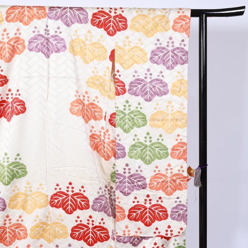 Furisode used (long-sleeved kimono) - Off-white, red, green, yellow, purple, gold - K93