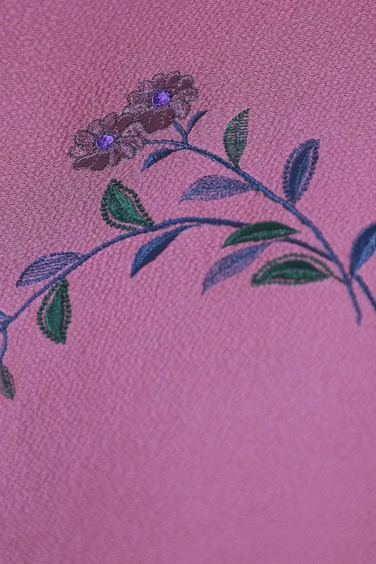 Tsukesage Kimono – Brand New & Unused – Salmon Pink, Green, Purple, Gray – Floral Design – Hand-Embroidered – B1409