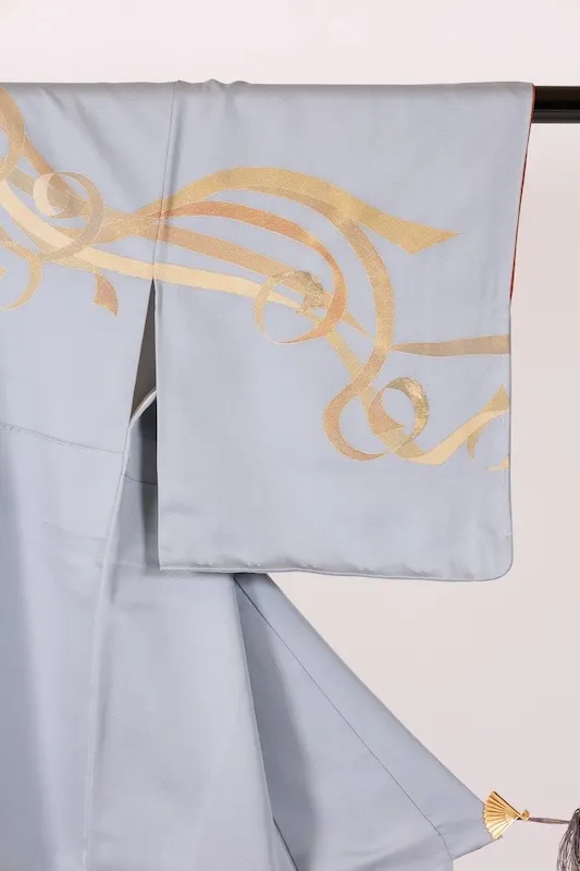 Visiting kimono used, gray, gold, brown, with a noshi (decorative paper strip) pattern, B1401