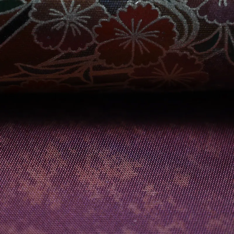 Fukuro obi　used (formal sash), lacquer and gold leaf, plum blossoms, chrysanthemums, cherry blossoms, seigaiha (wave pattern), flower cart, rust-red, tataki (stamped) finish, taiko (drum-shaped) pattern, P