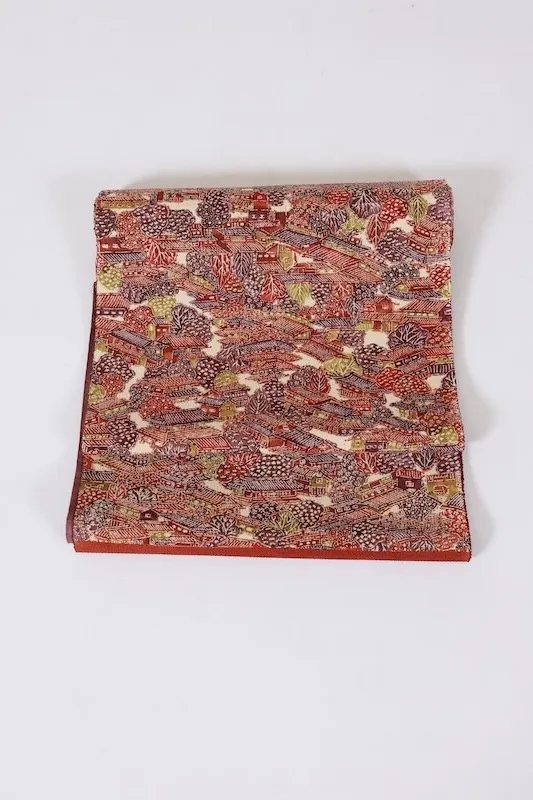 Nagoya obi (sash), brand new, unstitched, brick pattern, green, purple, off-white, landscape design, J30