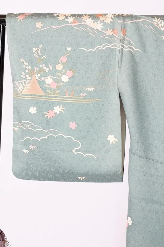 Formal used kimono (Houmongi) - Blue-gray, gold, coral red, purple, white, green, mandarin ducks, flowers, auspicious motifs, waves, Kyo-Yuzen dyeing, B1378