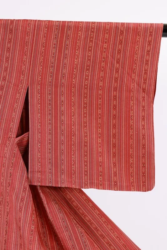 Tsumugi(Japan Pre-loved kimono) – Rust-red, gray, indigo, and yellow stripes (A070)