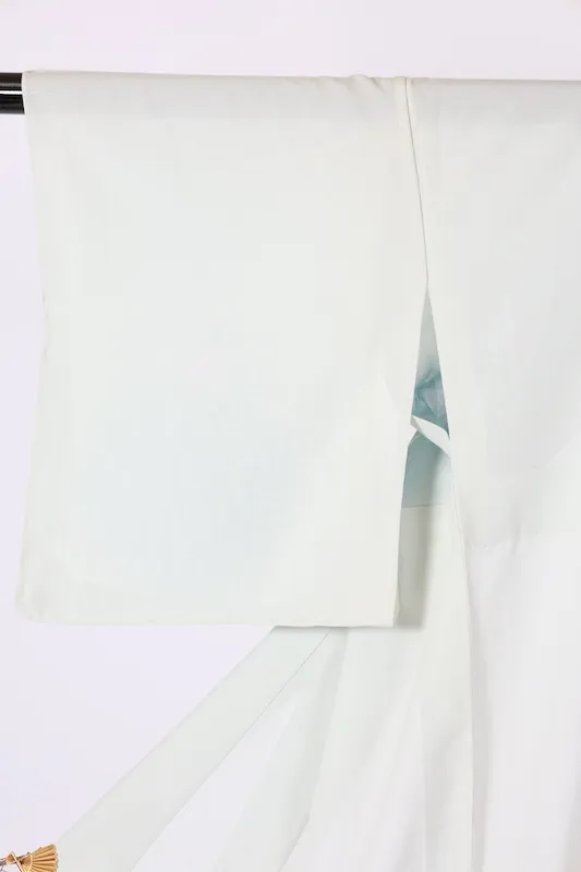 Summer formal kimono used (houmongi), ro silk, white-green, gray, white, coral, blue, floral pattern, L61