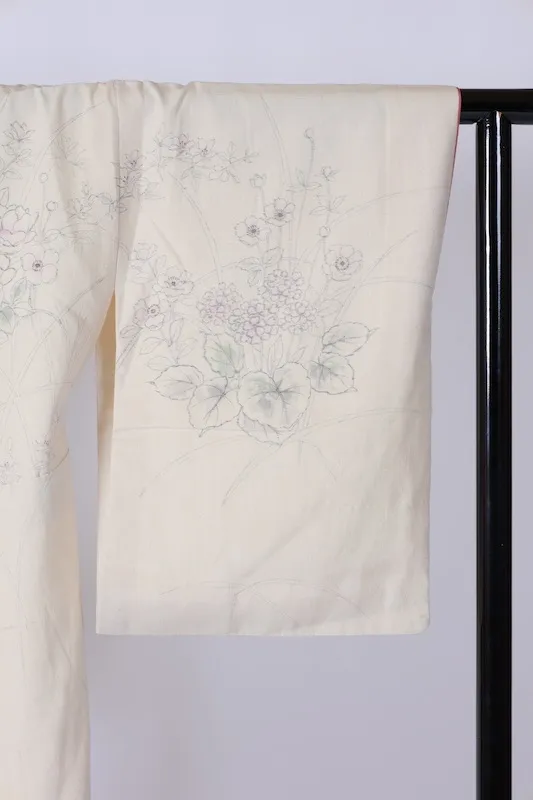 Silk pongee visiting kimono used, off-white, ink, light purple, light green, floral pattern, hand-painted, B1394