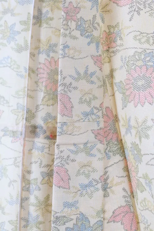 Japan Pre-loved kimono; unbleached white, red, green, and yellow; small floral pattern; A093