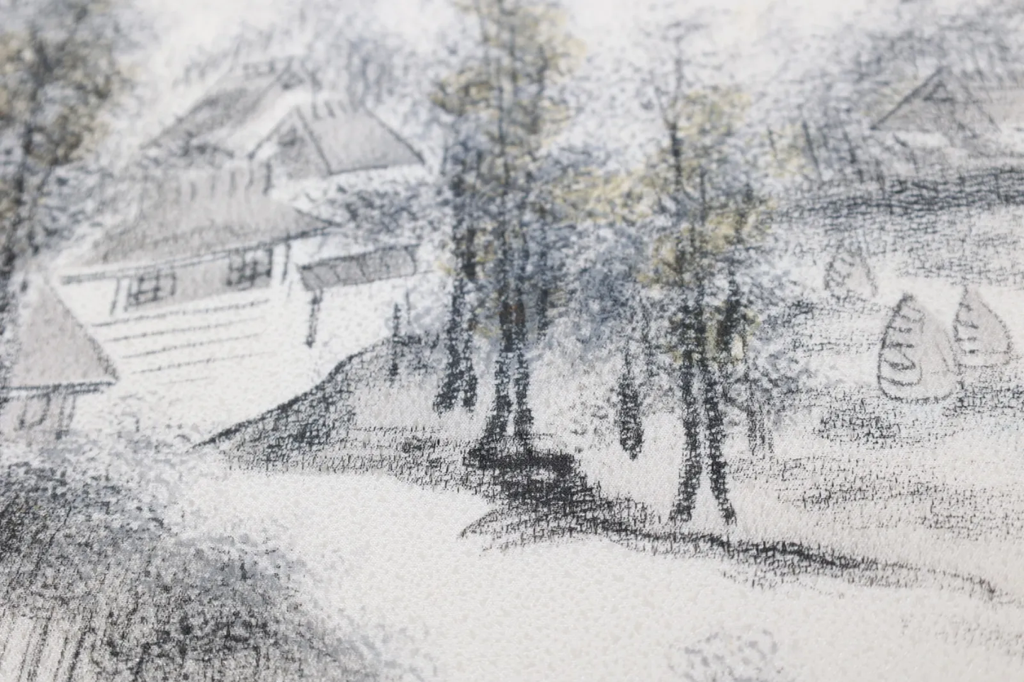 Nagoya Obi(used sash) – White, Sumi-ink, and Brown – Pastoral Landscape – Artist-signed (R113)