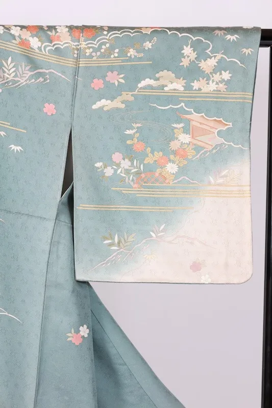 Formal used kimono (Houmongi) - Blue-gray, gold, coral red, purple, white, green, mandarin ducks, flowers, auspicious motifs, waves, Kyo-Yuzen dyeing, B1378