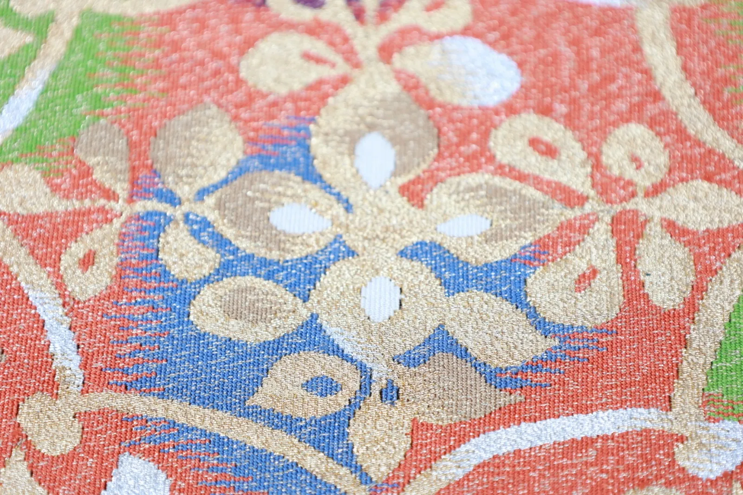 Nagoya Obi(used sash) –  Hon-Tsuzure (Fingernail-woven tapestry weave) – Pale pink, gold, silver, purple, green, blue, and white – Shosoin-style pattern