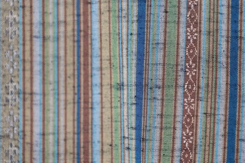 Tsumugi silk(Japan used kimono), Hakata weave, vertical stripe pattern, shades of green, indigo, brown, yellow, irregular stripes, R166