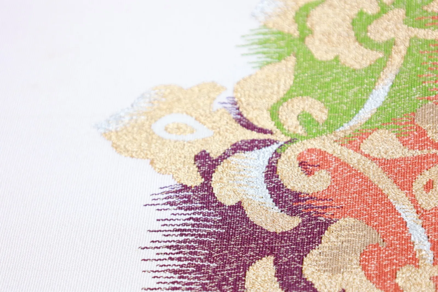 Fukuro Obi(used sash) — Hon-Tsuzure — Pale pink, gold, silver, purple, green, blue, white  R123