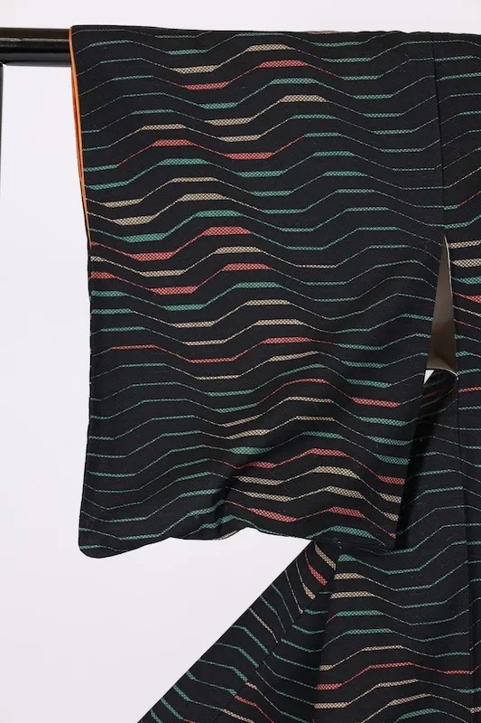 Japan used kimono patterned fabric, black, beige, emerald green, muted orange, B1498