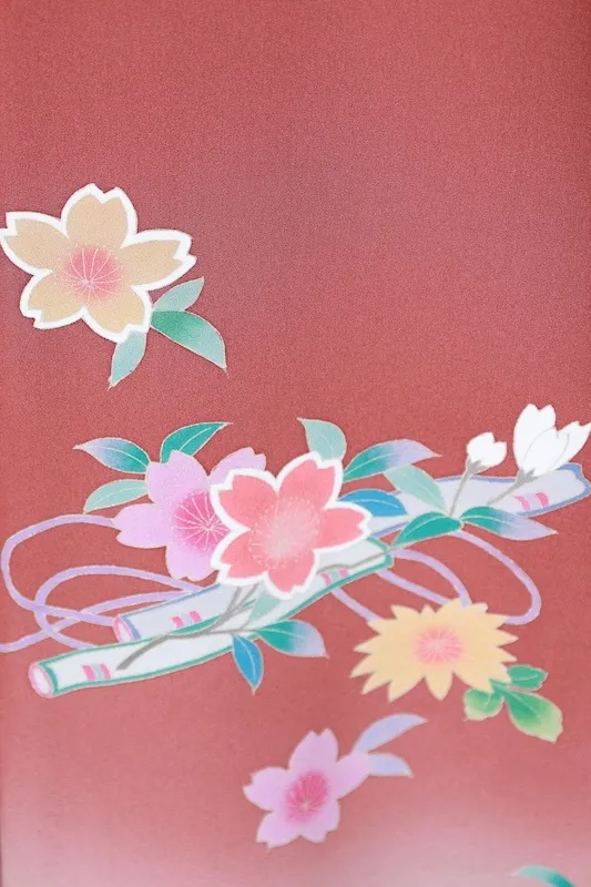 Japan Visiting kimono used: Reddish-brown, yellow, purple, green, gray, white, gold, cherry blossoms, flute, hand-painted Kyoto Yuzen dyeing, B1412