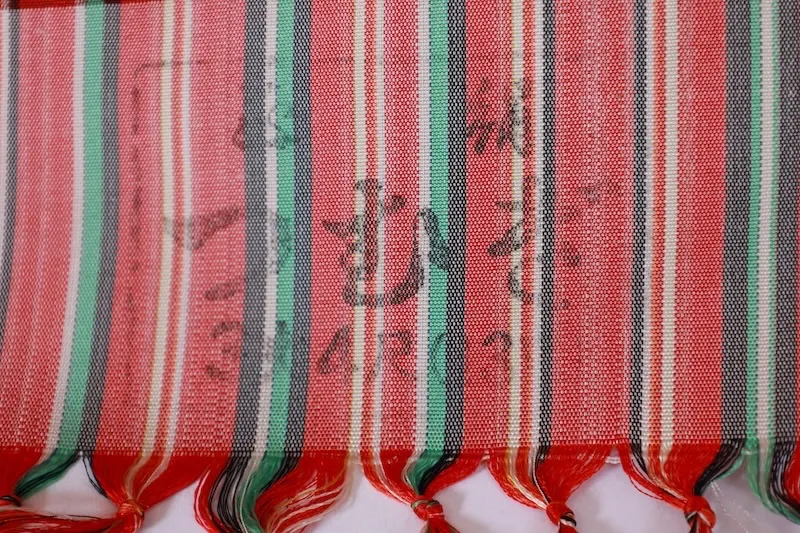 Tsumugi silk fabric, brand new, unstitched, Nishijin weave, red, green, gray, purple, irregular stripes, handwoven, J28