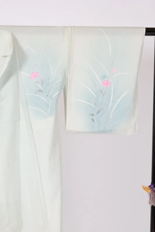 Summer formal kimono used (houmongi), ro silk, white-green, gray, white, coral, blue, floral pattern, L61