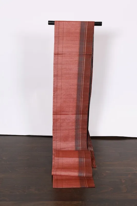 Fukuro Obi(used sash) – Watabun – Hand-woven – Shades of brown and indigo – Varied stripes – Horizontal bands – Stylized floral motifs (Karahana)B994