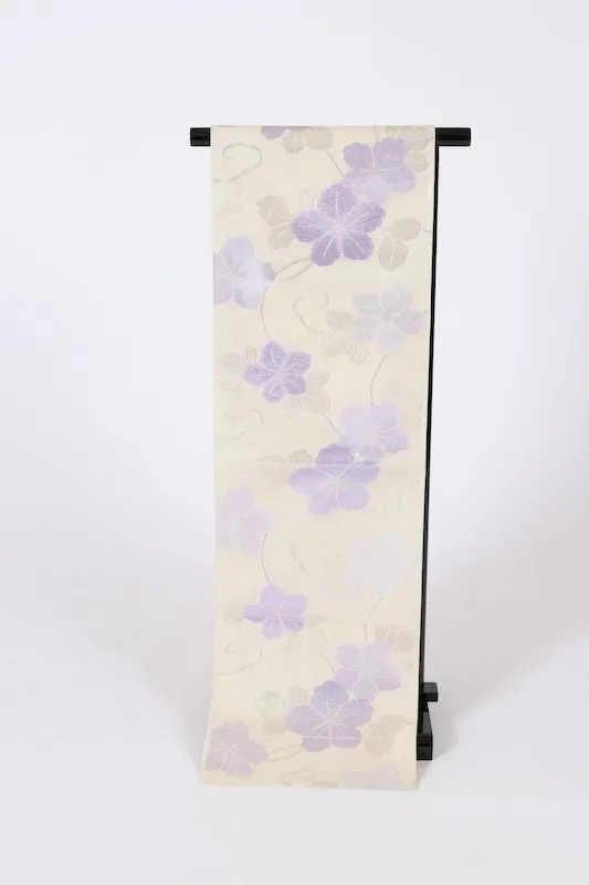 Sommer-Obi used (Schärpe) – Weiß, Lila, Silber, Blumenmuster – L11