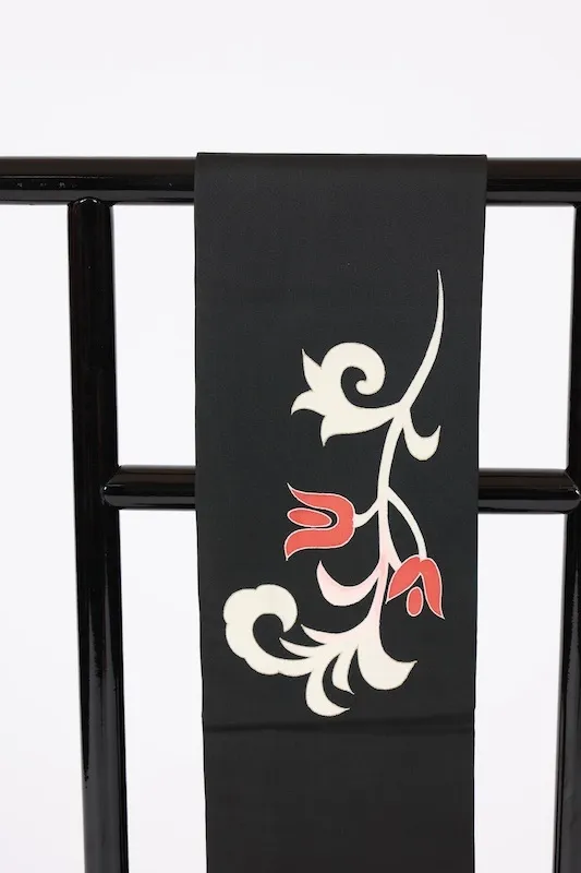 Nagoya obi used (sash), Shioze silk, black, white, red, gold, hand-painted, L5