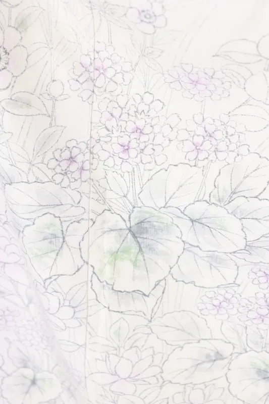 Silk pongee visiting kimono used, off-white, ink, light purple, light green, floral pattern, hand-painted, B1394