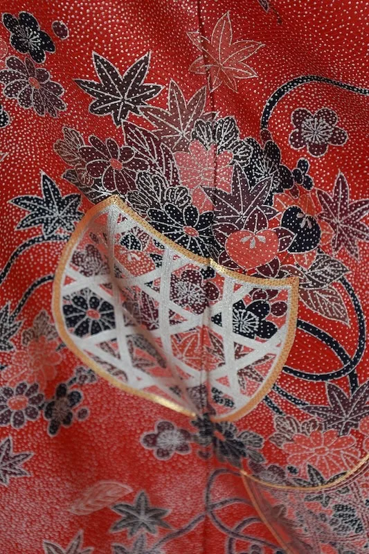 Furisode (long-sleeved kimono used) - Red, Gold, Purple, Brown - Brocade fabric - Butterfly and flower pattern A038