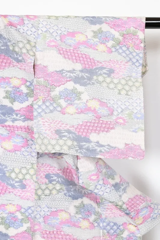 Tsumugi(used kimono)White, Light Blue, Pink, Green, Black, Blue; Kasuri ; Hand-woven; R35