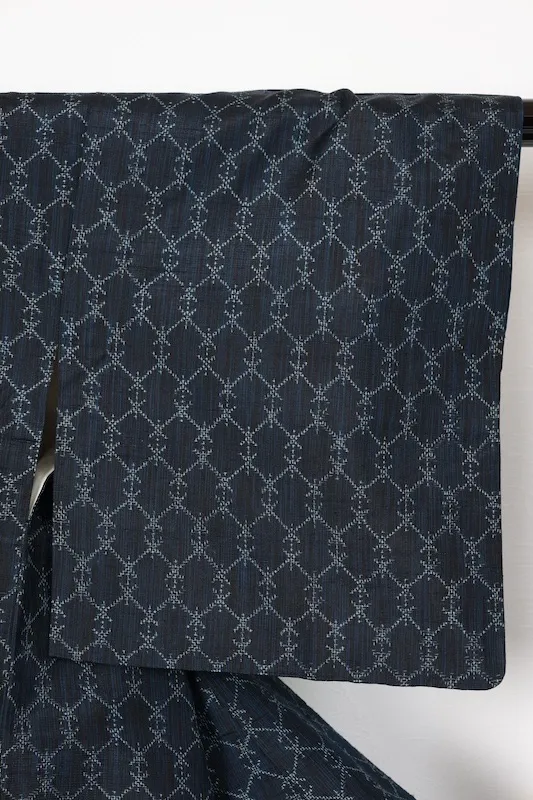 Japan used kimono  (Tsumugi silk fabric), shades of indigo,  geometric pattern, R140