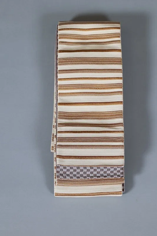 Men's Yukata Obi used (Sash) - Reversible - Beige/Brown with Horizontal Stripes, Reverse Side Purple/Brown with Checkered Pattern - L126
