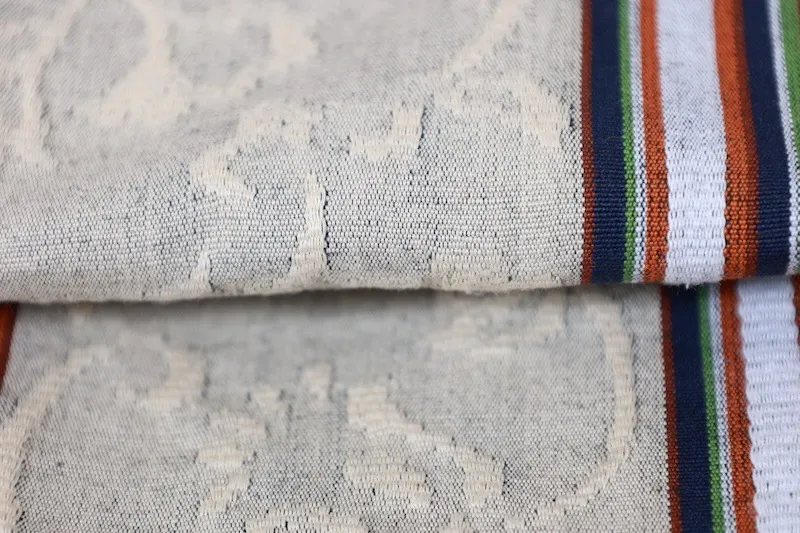 Nagoya obi used(sash), Tsumugi silk, off-white, indigo, shades of brown, green, white, floral pattern, stripes, L3
