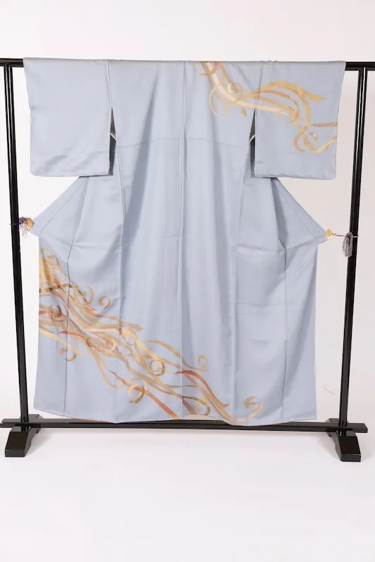 Visiting kimono used, gray, gold, brown, with a noshi (decorative paper strip) pattern, B1401