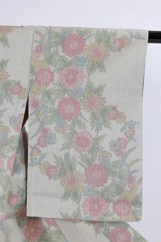 Omeshi Silk (Japan Pre-loved kimono)– Floral Pattern – White, Green, Yellow, Blue, Pink (A074)