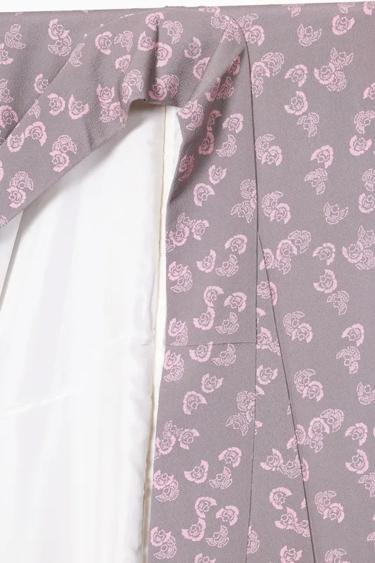 Komon (Japan used kimono silk crepe) by Tsujimura Jusaburo, gray with cherry blossom pink, featuring a swollen sparrow design, R163