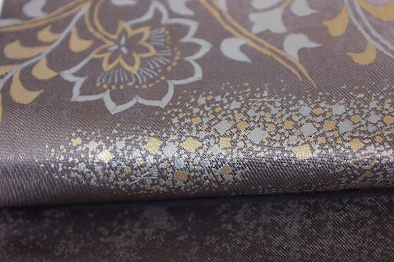 Fukuro obi used(formal sash) - Gray, Gold, Indigo, Green, Purple, Ochre, Silver - Tarumoto Isezo - Kasen (poet), Flute, Seigaiha (wave pattern), Flower - Kyo-Yuzen (Kyoto-style dyeing) - L9