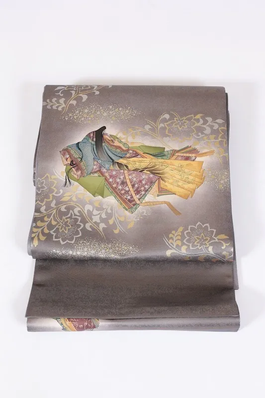Fukuro obi used(formal sash) - Gray, Gold, Indigo, Green, Purple, Ochre, Silver - Tarumoto Isezo - Kasen (poet), Flute, Seigaiha (wave pattern), Flower - Kyo-Yuzen (Kyoto-style dyeing) - L9