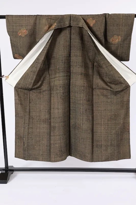Japan Pre-loved silk kimono green, brown, rusty vermilion, and yellow; hand-woven and hand-painted; A094.