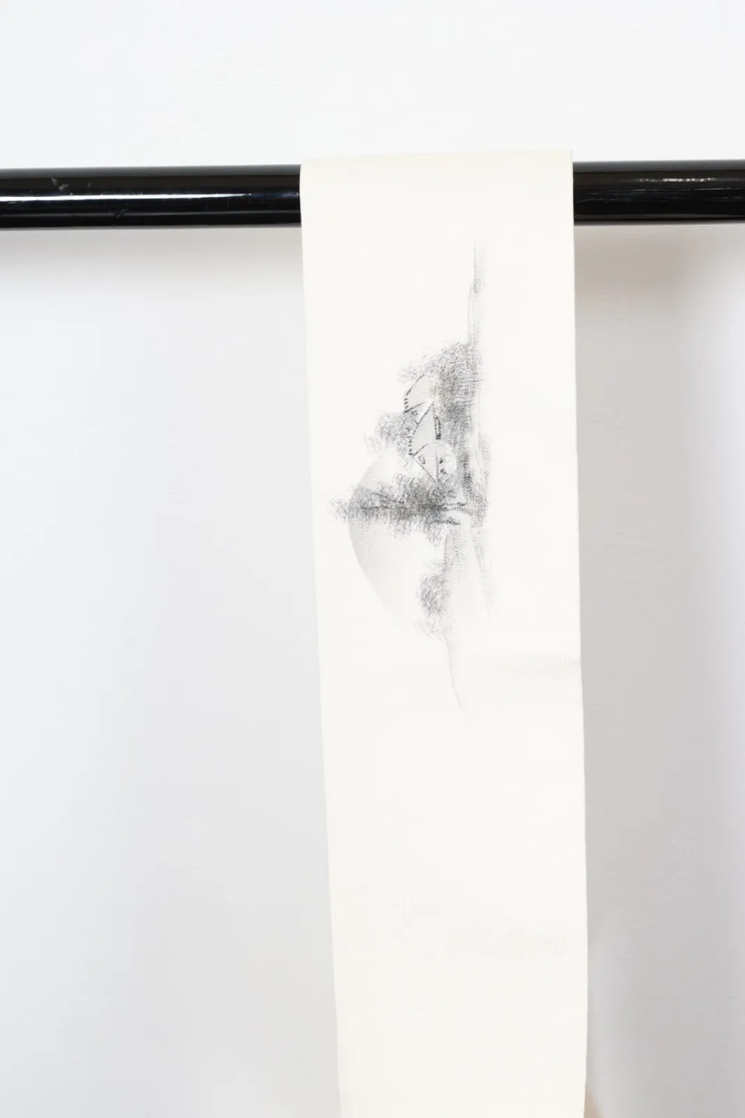 Nagoya Obi(used sash) – White, Sumi-ink, and Brown – Pastoral Landscape – Artist-signed (R113)