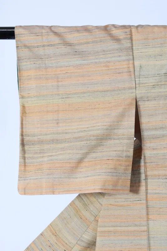 Gujo Tsumugi(Japan used kimono) – Beige, Indigo, Yellow – Horizontal Stripes – Botanical Dye – Hand-spun – K321
