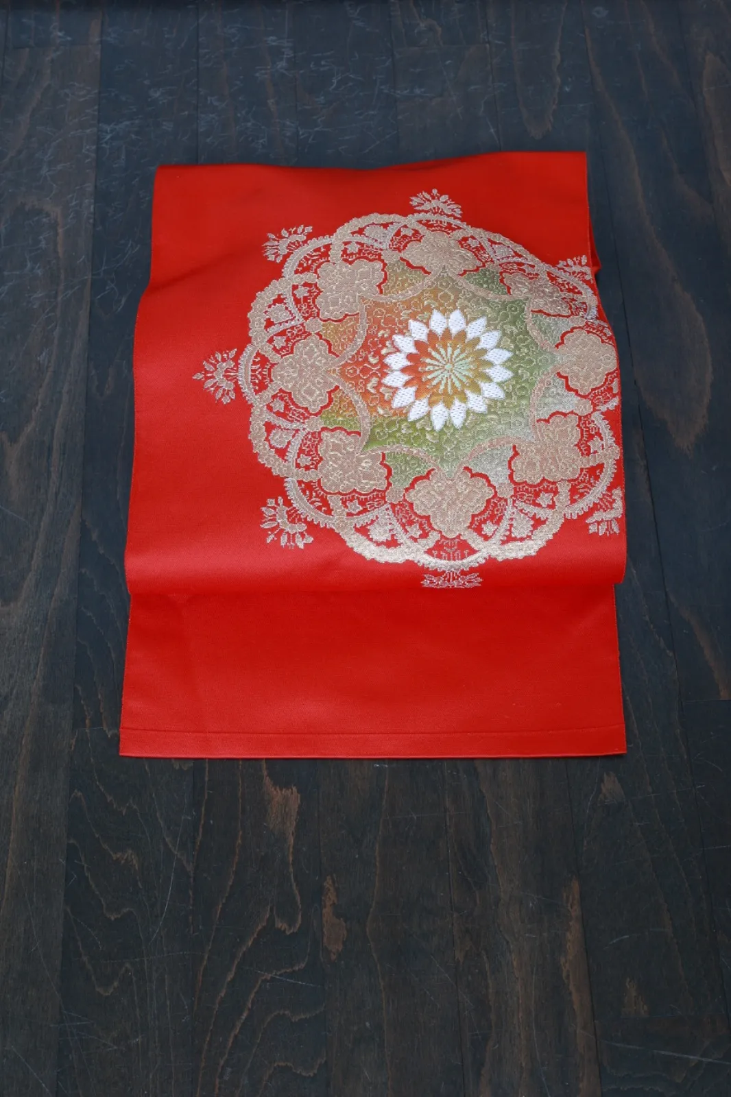 Nagoya Obi(used sash) – Red, Gold, Silver, Green, White – Shosoin Pattern – R115