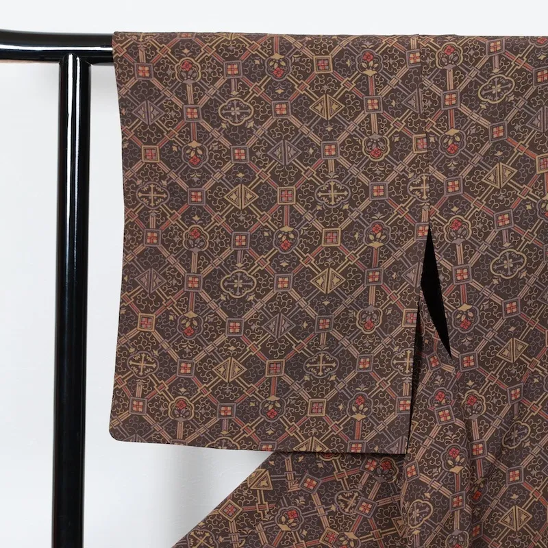 Japan used kimono fabric, brown, mustard yellow, purple, burgundy, arabesque pattern, T14