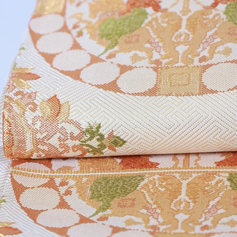 used Fukuro obi (formal sash) - Gold, Green, Brown - Hunting pattern - Tang flower pattern - G46
