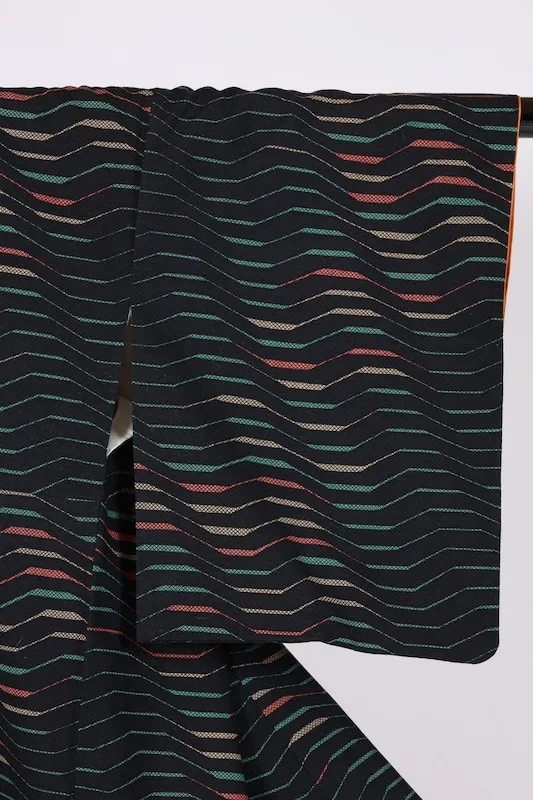 Japan used kimono patterned fabric, black, beige, emerald green, muted orange, B1498